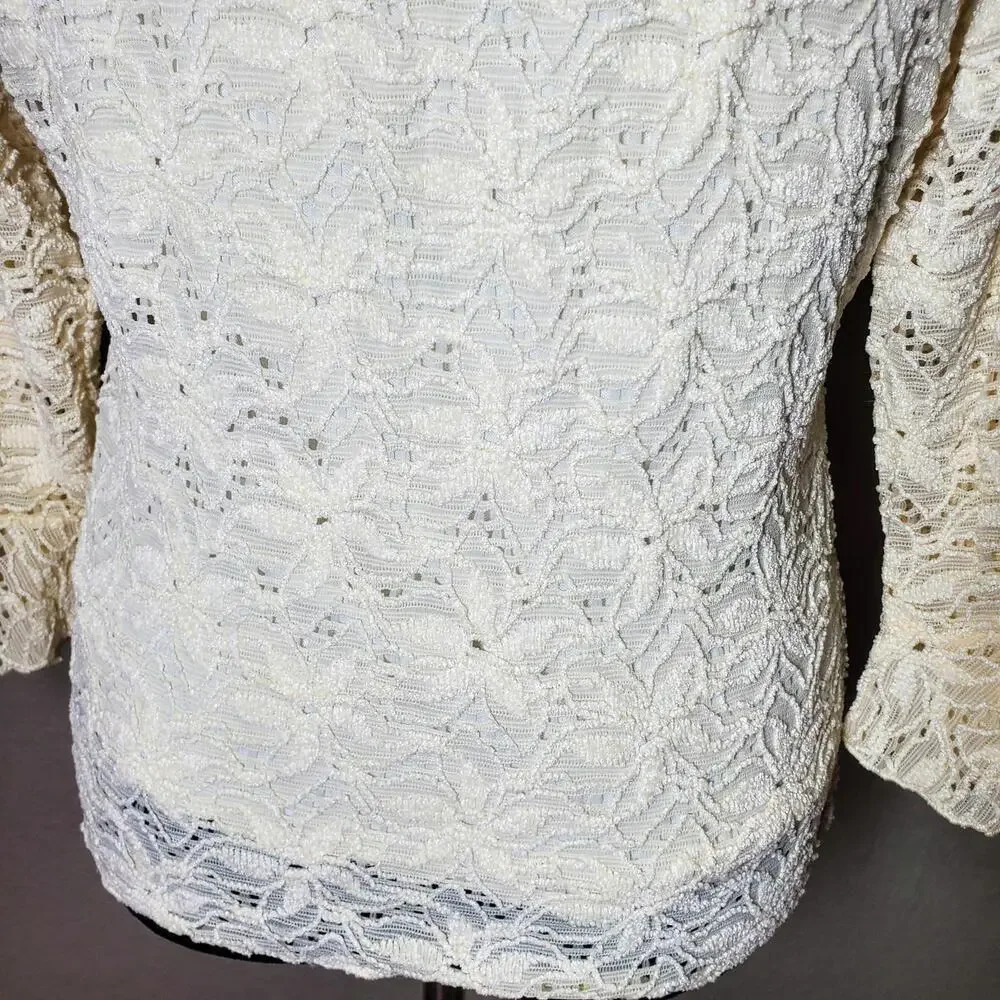 Brittany Black Vtg 90s/Y2K Stretchy Lacey Long Sleeve Lined Top Ivory S/M - Picture 6 of 12